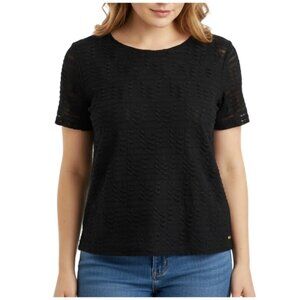 Calvin Klein Top Lace Overlay Boho Short Sleeves Lined Stretch Sheer Black Large